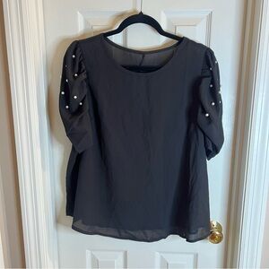 Black short sleeve pearl detail top